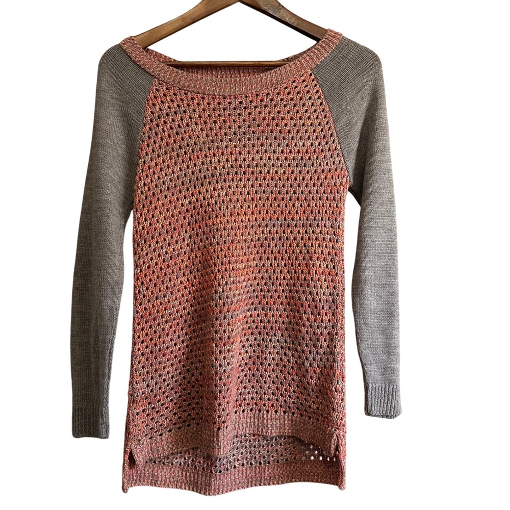 New Directions Womens Sweater Orange Gray Crochet Knit Raglan Size‎ S